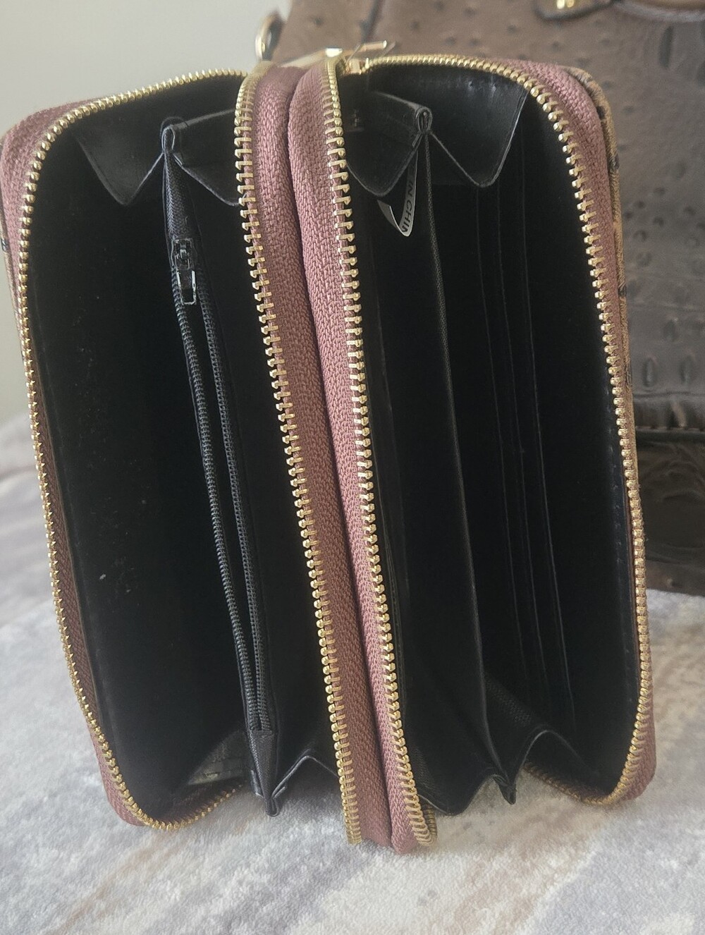 Brown Ostrich Embossed Tote Bag Matching Wallet Croc Texture Satchel - Picture 3 of 13